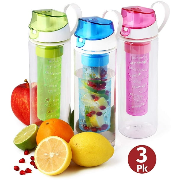 BPA Free Fruit Infuser Water Bottle with Straw 20 oz D'Eco DCO-3PK Set of 3- Orange, Blue, and Green 